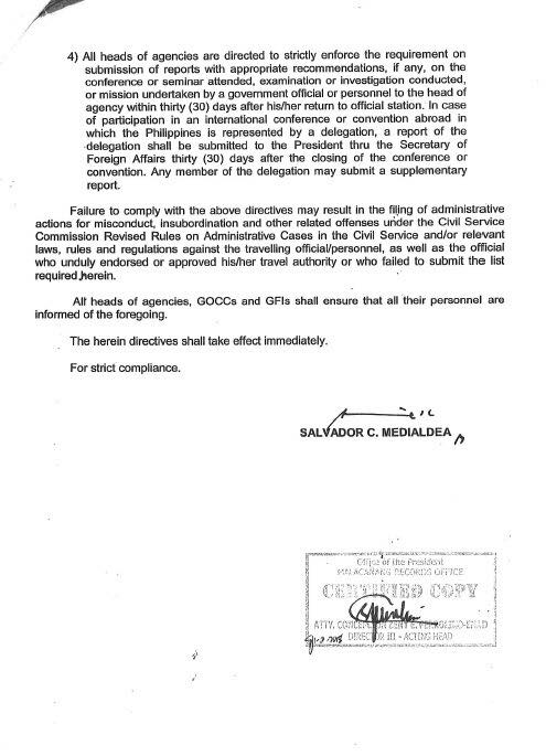 Memorandum from the Executive Secretary: Directives applying to foreign travels of all government officials and personnel in the Executive Department 