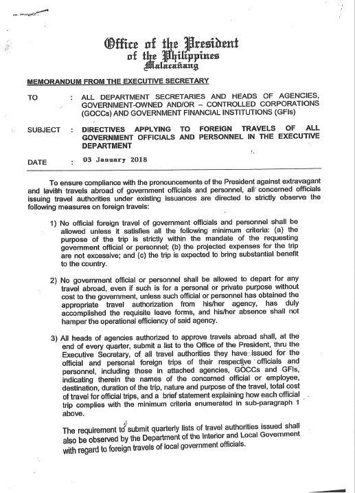 Memorandum from the Executive Secretary: Directives applying to foreign travels of all government officials and personnel in the Executive Department 