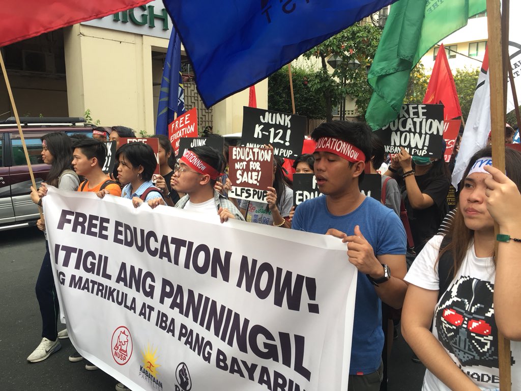 Hundreds of students march toward Mendiola in Manila to protest against President Duterte's escalatingly antipoor, antipeople policies such as TRAIN law, jeepney modernization program and his clampdown on press freedom