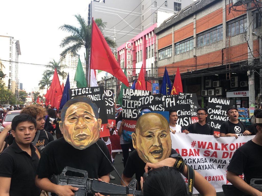 Hundreds of students march toward Mendiola in Manila to protest against President Duterte's escalatingly antipoor, antipeople policies such as TRAIN law, jeepney modernization program and his clampdown on press freedom