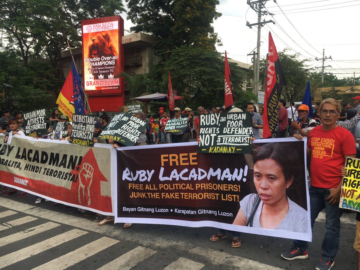 Around a hundred members of urban poor group Kadamay gather at Mendiola, Manila to protest the recent arrest of one of their leaders