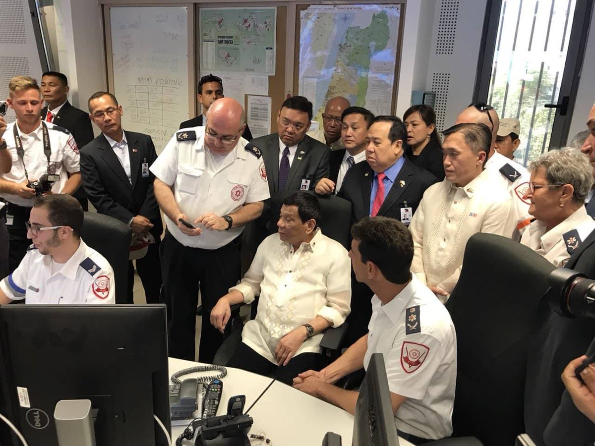 Philippine Red Cross Chairman Richard Gordon and President Rodrigo Duterte see the state-of-the-art command and control system and modern equipment of Magen David Adom in Israel today.   