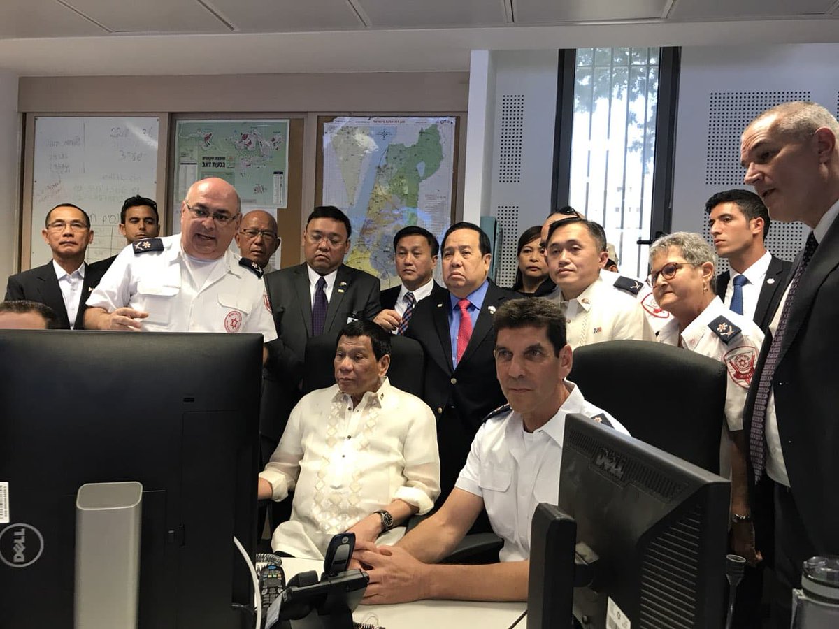 Philippine Red Cross Chairman Richard Gordon and President Rodrigo Duterte see the state-of-the-art command and control system and modern equipment of Magen David Adom in Israel today.   