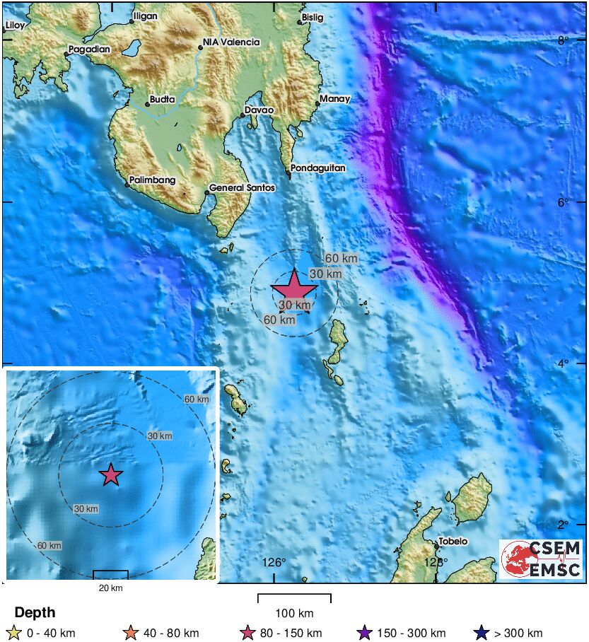 Earthquake (lindol) confirmed by seismic data. Preliminary info: M6.8  105 km SE of Sarangani (Philippines)  7 min ago (local time 04:48:46)