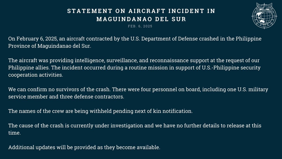 Ein vom US-Verteidigungsministerium beauftragtes Flugzeug ist auf den Philippinen abgestürzt. Ein Soldat und drei Vertragspartner kamen ums Leben. Die Ursache wird untersucht.