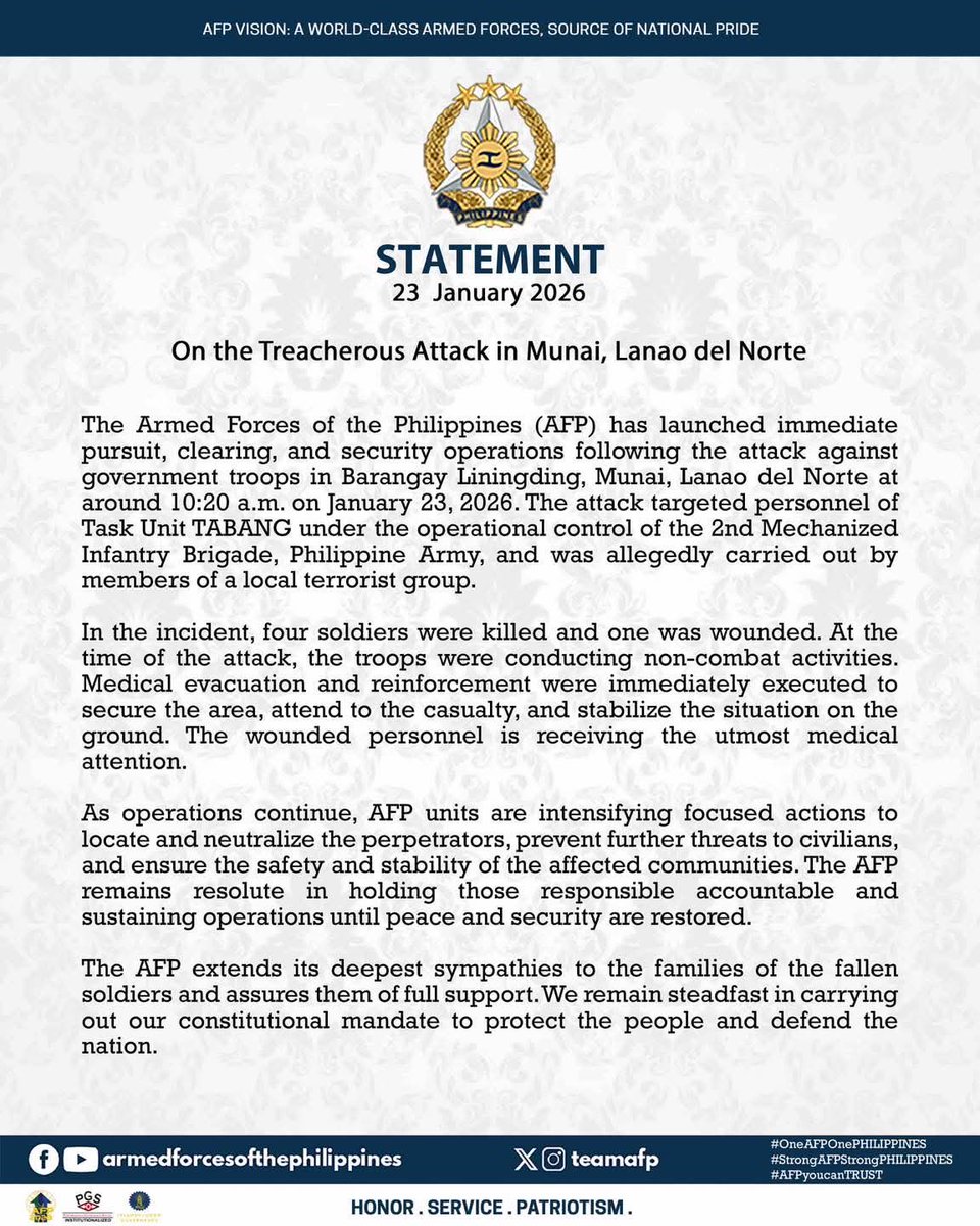 4 soldiers dead following attack by local terrorist group in the southern Philippines, army says